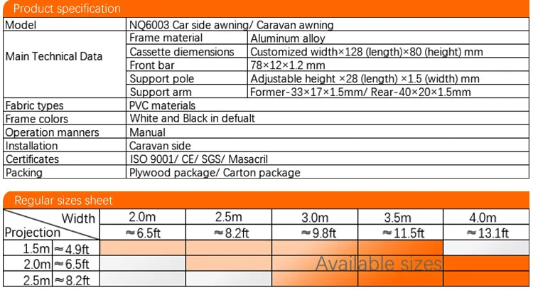 NATURE high quality electric retractable van car motorized van awnings, camper rv awning