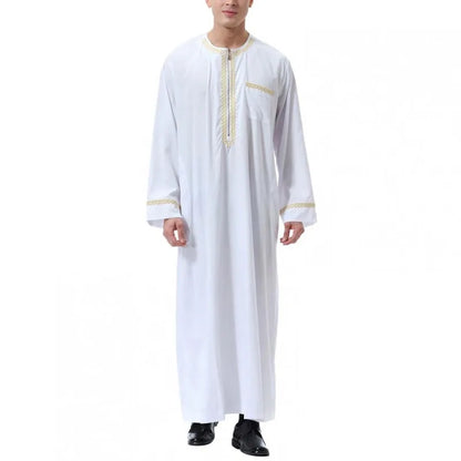 Men's Muslim Robes Middle East Arab Ramadan Islamic Clothing Solid Color Casual Lace Round Neck Long Sleeve T-shirt Dress Tunic