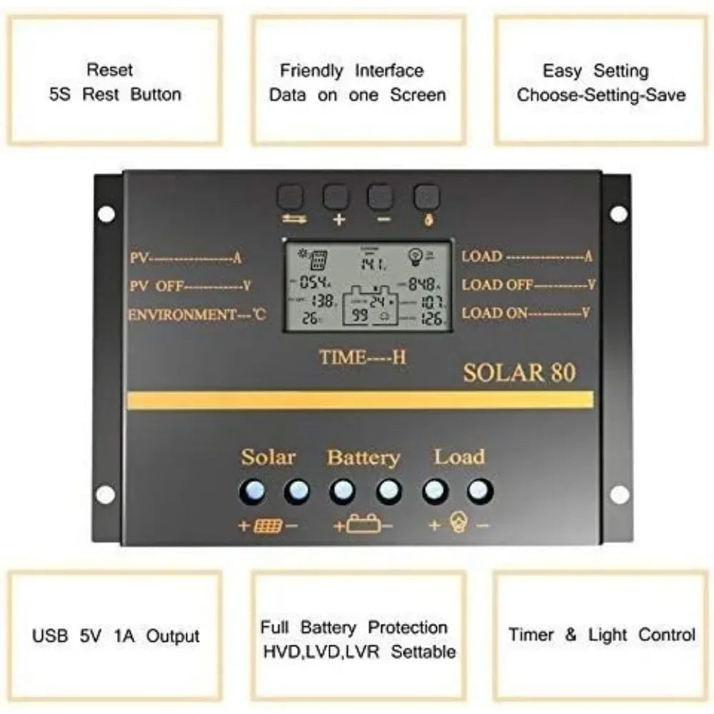 Solar Charge Controller Solar Panel Charger Discharge Regulator with 5V USB Output Multip Circuit Protection Anti-Fall Durable