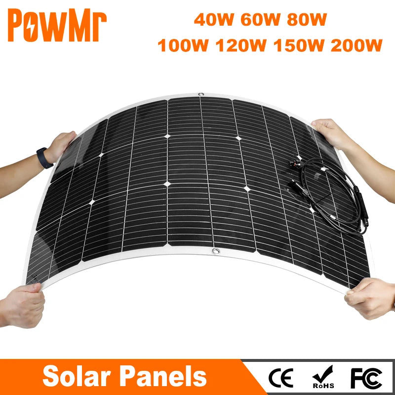 PowMr Solar Panels 40W 60W 80W 100W 120W 150W 200W Flexible Portable Solar Cell Solar Plate Kit for RV Car Home Solar System