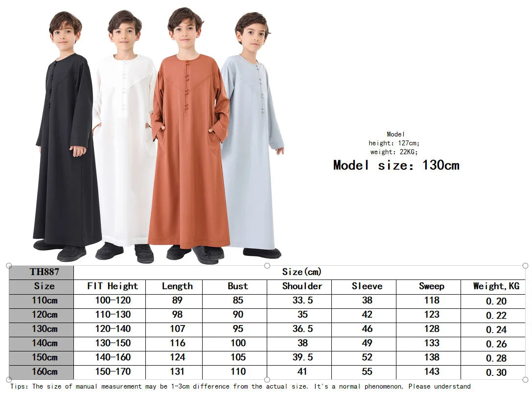 Ramadan Eid Muslim Solid Color Robe Islamic Arab Children Long Sleeve Dress Jubba Thobe Abaya Dubai Boys Clothing Turkey 2025