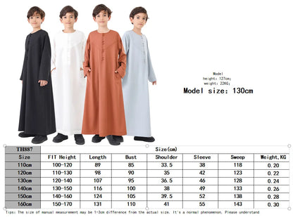 Ramadan Eid Muslim Solid Color Robe Islamic Arab Children Long Sleeve Dress Jubba Thobe Abaya Dubai Boys Clothing Turkey 2025