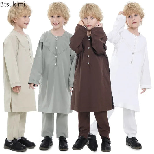 2025 Muslim Kids Jubba Thobe Arab Boy Thobe Children Abaya Ramadan Dress Pant Set 2 Piece Caftan Robe Kaftan Musulman Ensembles