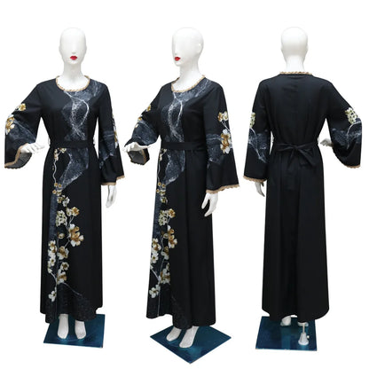 2pcs Set Flowers Printed Dress with Sash Belt Abaya Hijab Veil Fashion Diamonds Robe Muslim Lace Trimming Kaftan Women Long Gown