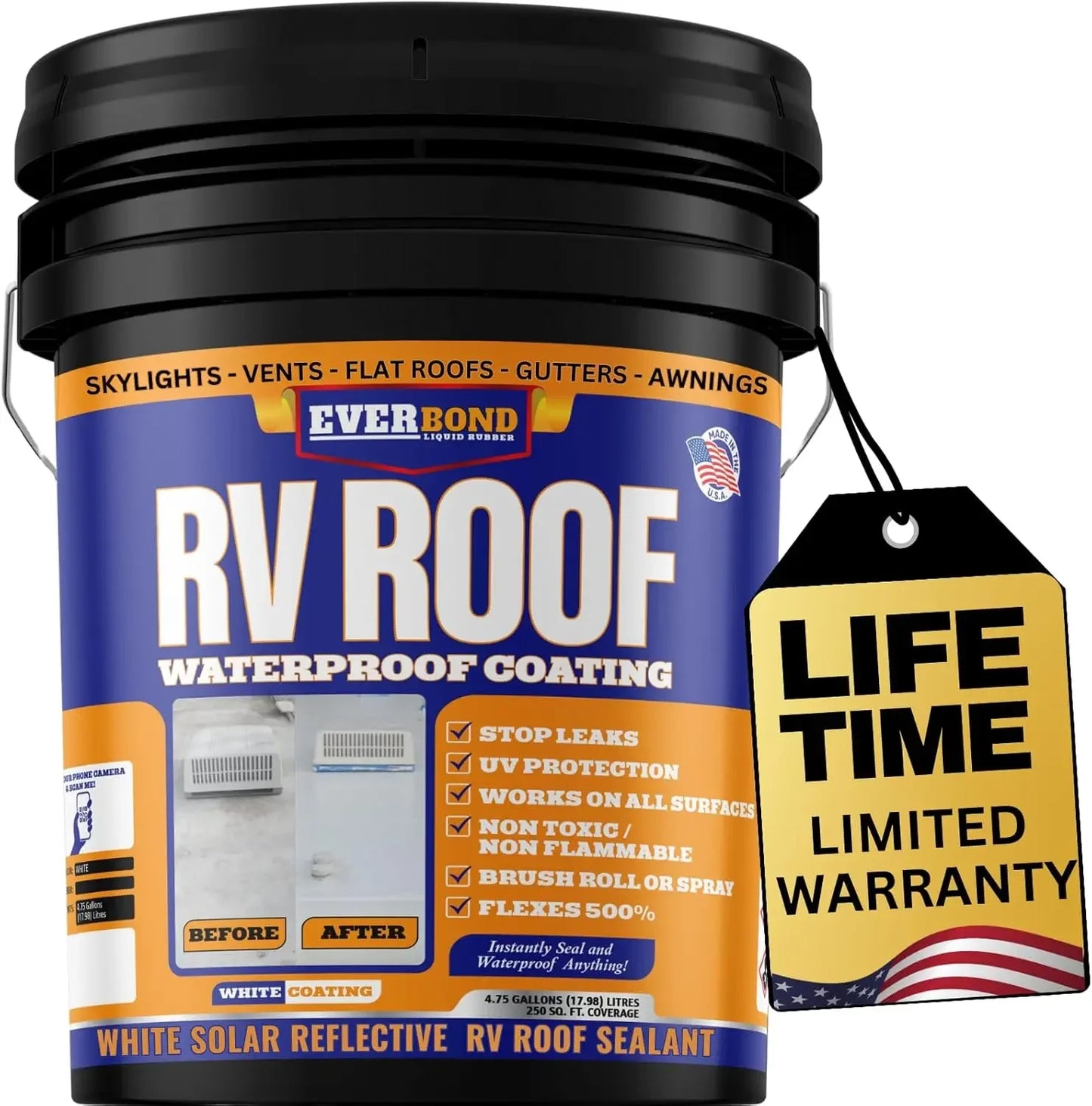 RV Roof Coating - Liquid Rubber RV Roof Sealant for Camper Roofs, Trailers, Motorhomes, and Metal Buildings - Roof Cooling White