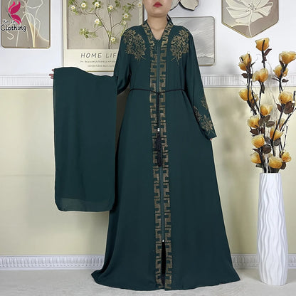 New Muslim Abayas For Women Long Sleeved Dress Dubai Lady Elegant Long Dress Islam Clothing African Abaya Loose Robe With Turban