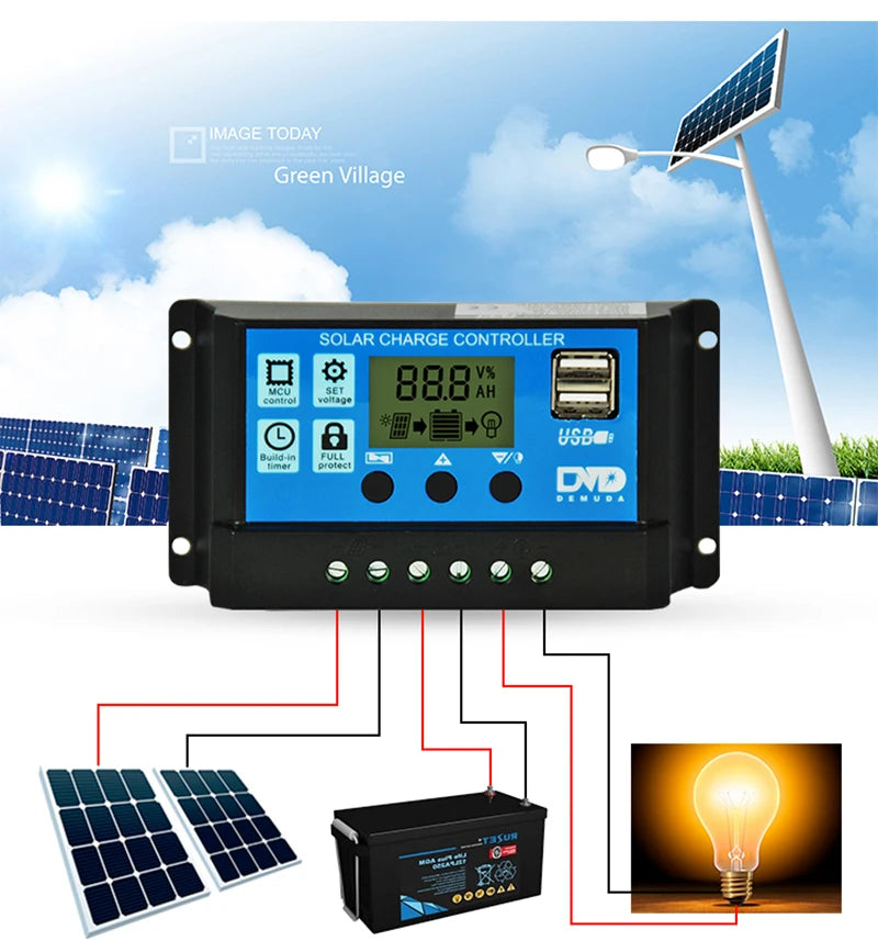 10A 20A 30A PWM Solar Charge Controller 12V/24V Solar Regulator USB 5V Panel Battery Regulator Intelligent LCD Display