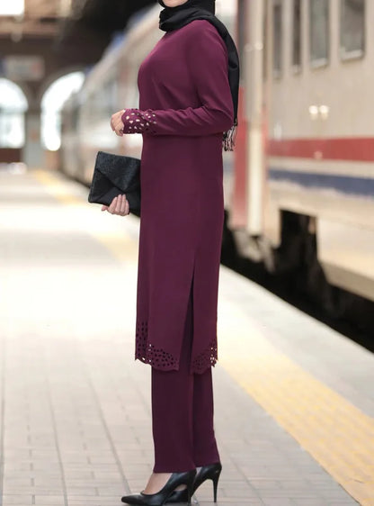 2024 Women Muslim Abaya Sets Fashion Hollow Out Long Sleeve Dreess and Pants Two Pieces Women Islamic Clothing Arab Dubai Kaftan