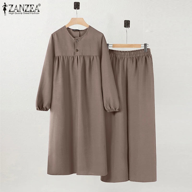 ZANZEA Women Casual Loose 2-Piece Suits Muslim Islamic Autumn Wide Leg Trouser Long Sleeve Long Blouse 2pcs Outfits Pant Sets