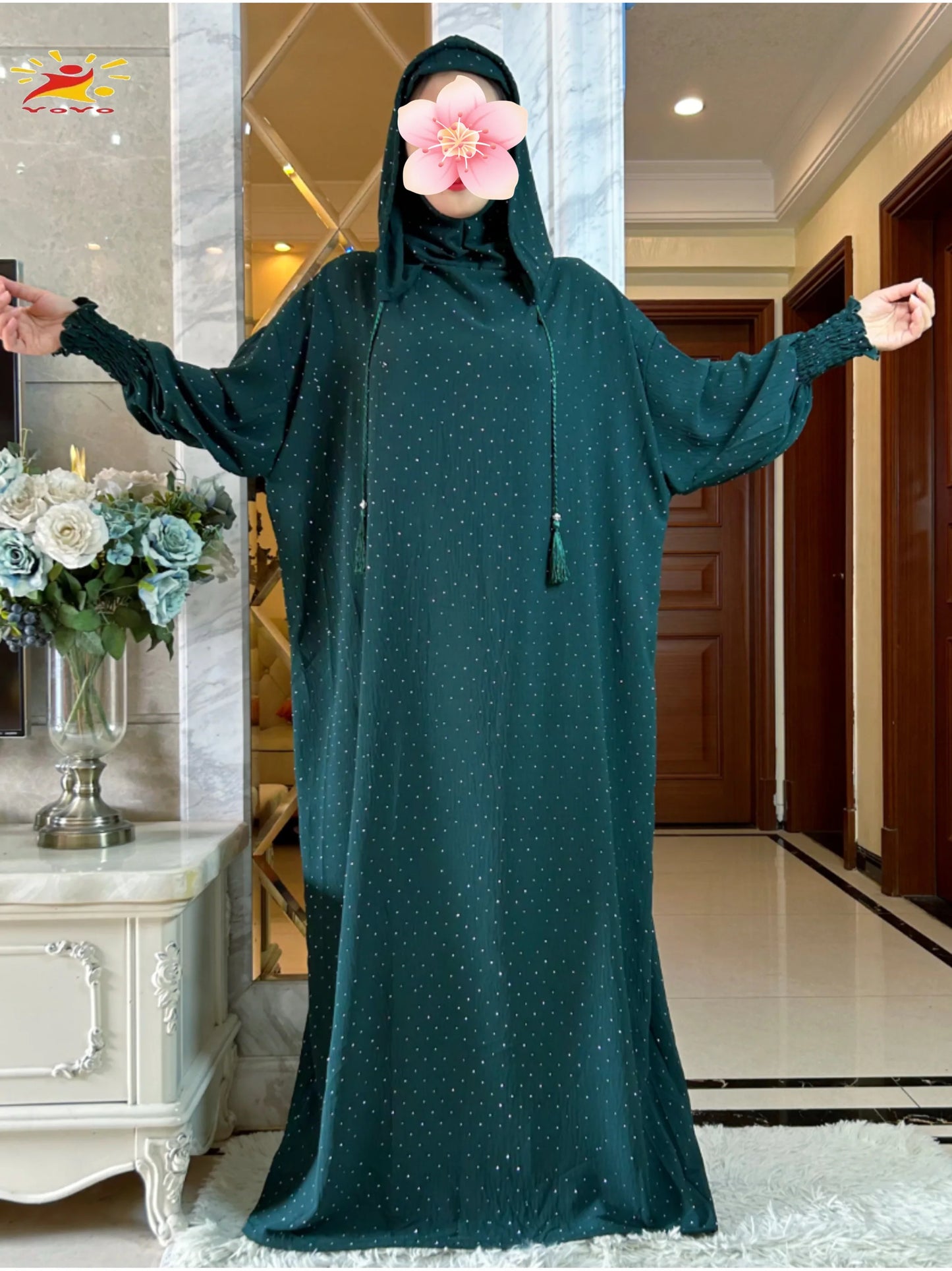 New Ramadan Muslim Double hat Solid Cotton Abaya Dubai Turkey Islam Prayer ClothesWith Stones Dress Islam Women Dress Kaftan