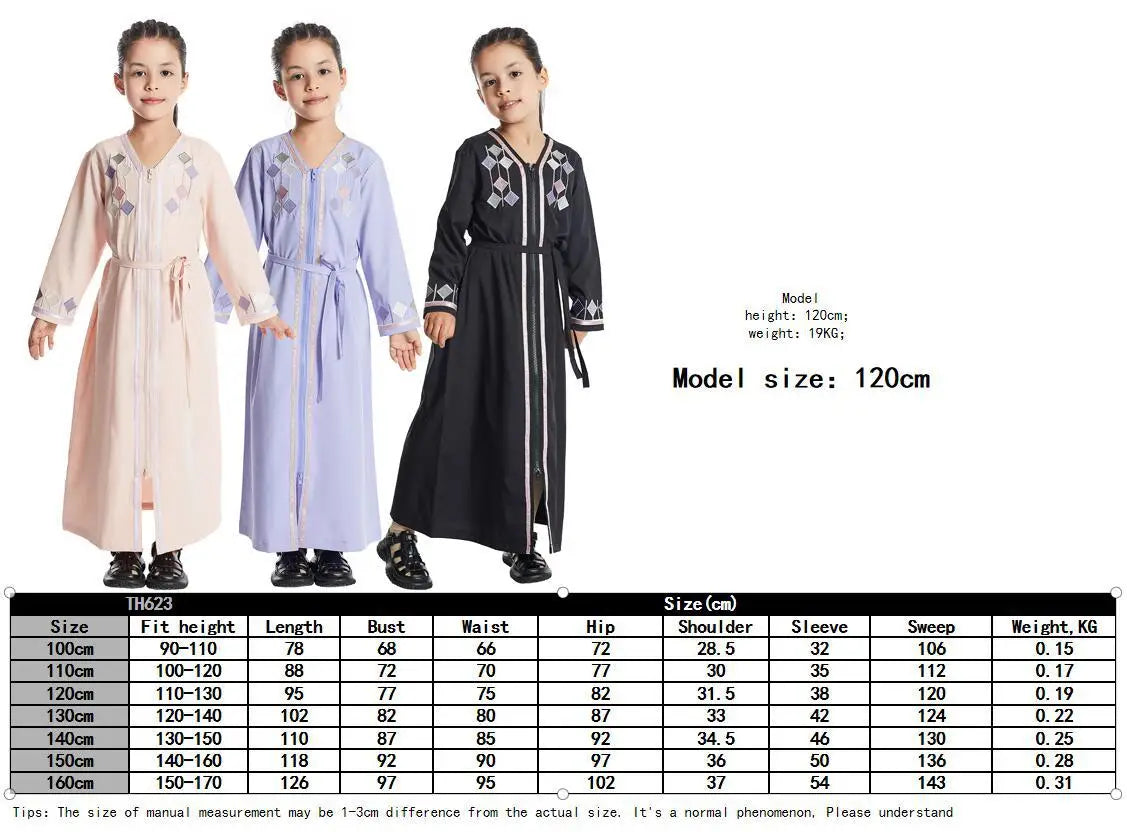 Moroccan Eid Muslim Kids Abaya Girls Embroidery Zipper Long Sleeve Maxi Dress Arabic Kaftan Robes Islamic Party Prayer Clothing