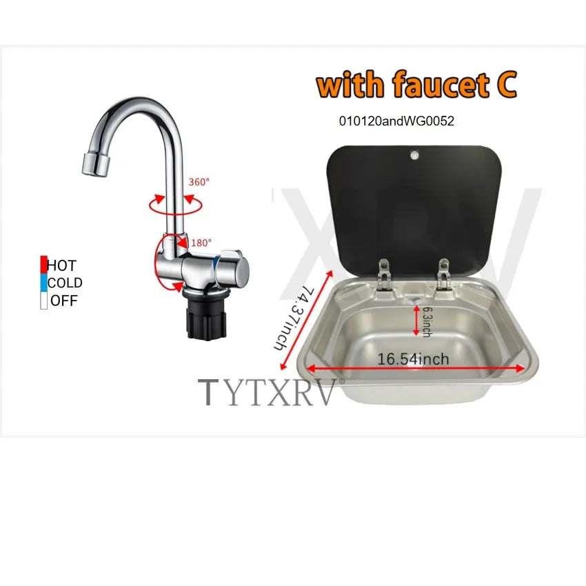 TYTXRV Caravan Accessories RV Sink Stainless Steel Hand Wash Basin Sink with Folded Fauce for RV Caravan Boat Kitchen