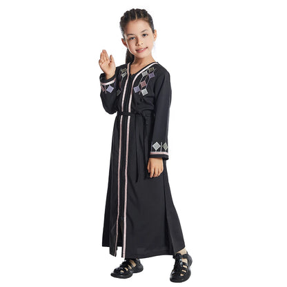 Moroccan Kids Girls Muslim Embroidery Abaya Long Sleeve Maxi Dress Turkey Arabic Kaftan Islamic Prayer Gown Robe Robes Clothing