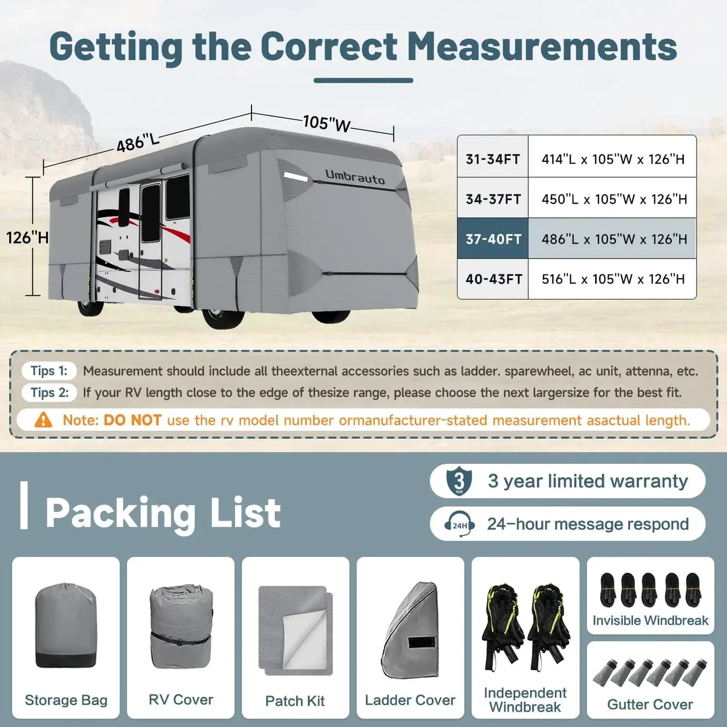 Class A RV Fits 37-40Ft Motorhome Upgraded Heavy Duty 7 Layers Top Windproof Breathable A Camper Cover wit