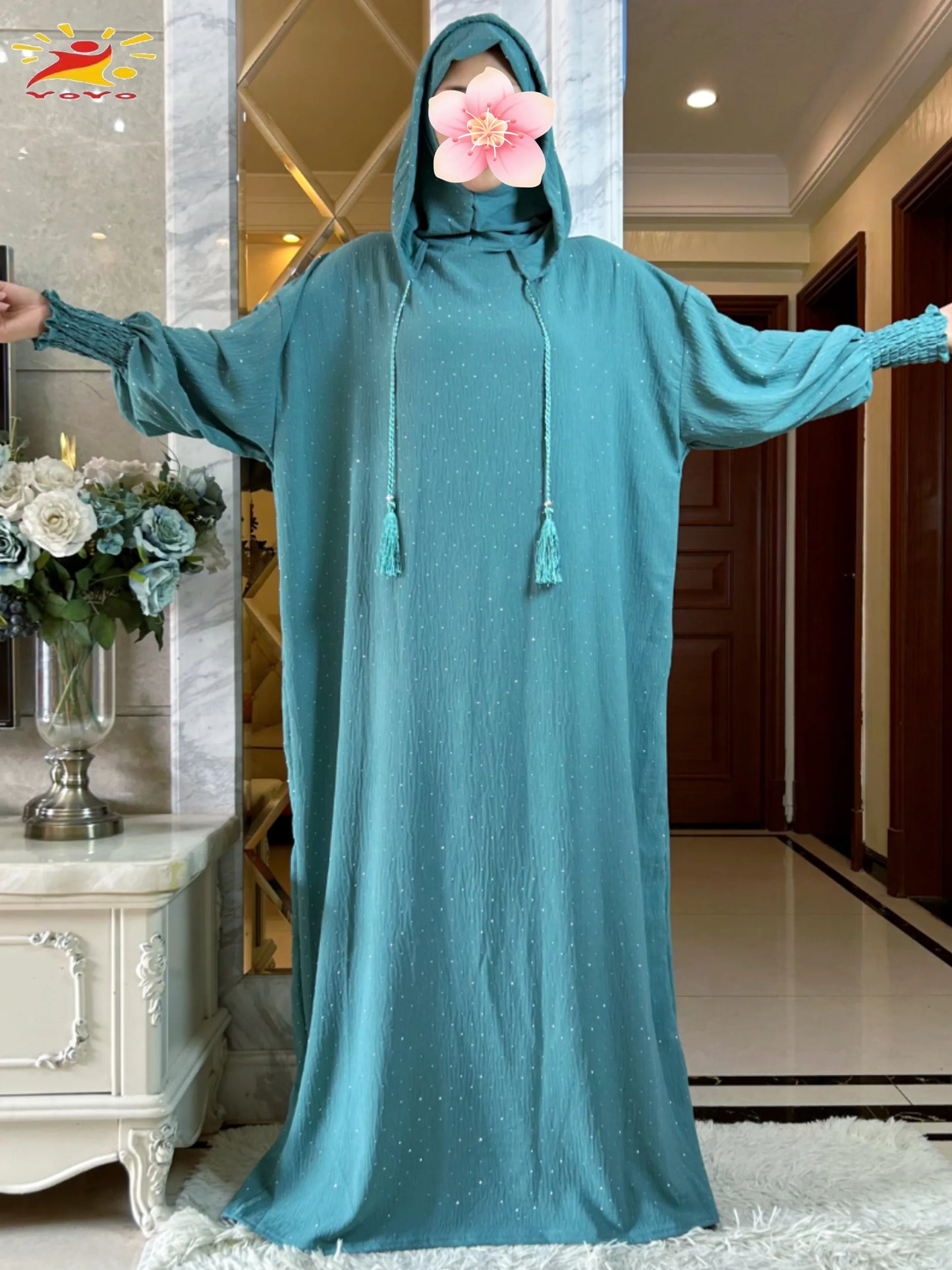 New Ramadan Muslim Double hat Solid Cotton Abaya Dubai Turkey Islam Prayer ClothesWith Stones Dress Islam Women Dress Kaftan