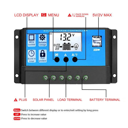 ECGSOLAX PWM Solar Charge Controller 10A 20A 30A 40A 50A 60A 12V/24V Battery Charger Solar Charge Regulator With Dual USB 5V/3A