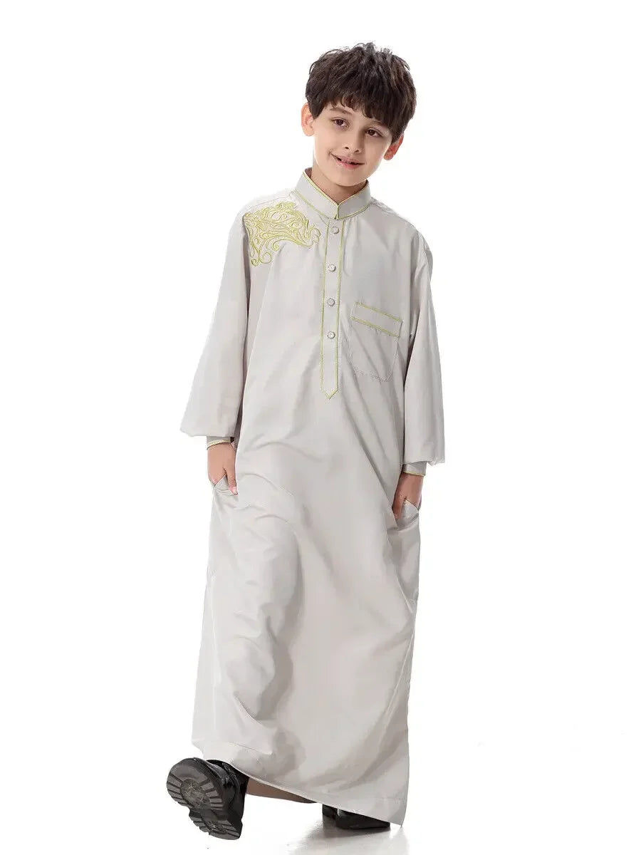 Ramadan Muslim Children Solid Robe Luxury Embroidery Islamic Arab Boys Abaya Singel-Breasted Long Sleeve Dress Dubai Jubba Thobe