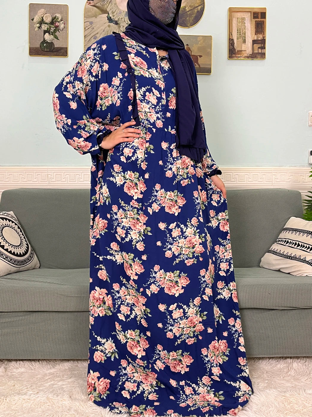 Muslim Traditional Ramadan Abayas For Women's Prayer Garment Cotton Printed Floral Boubou Loose Femme Robe Connected Headscarf