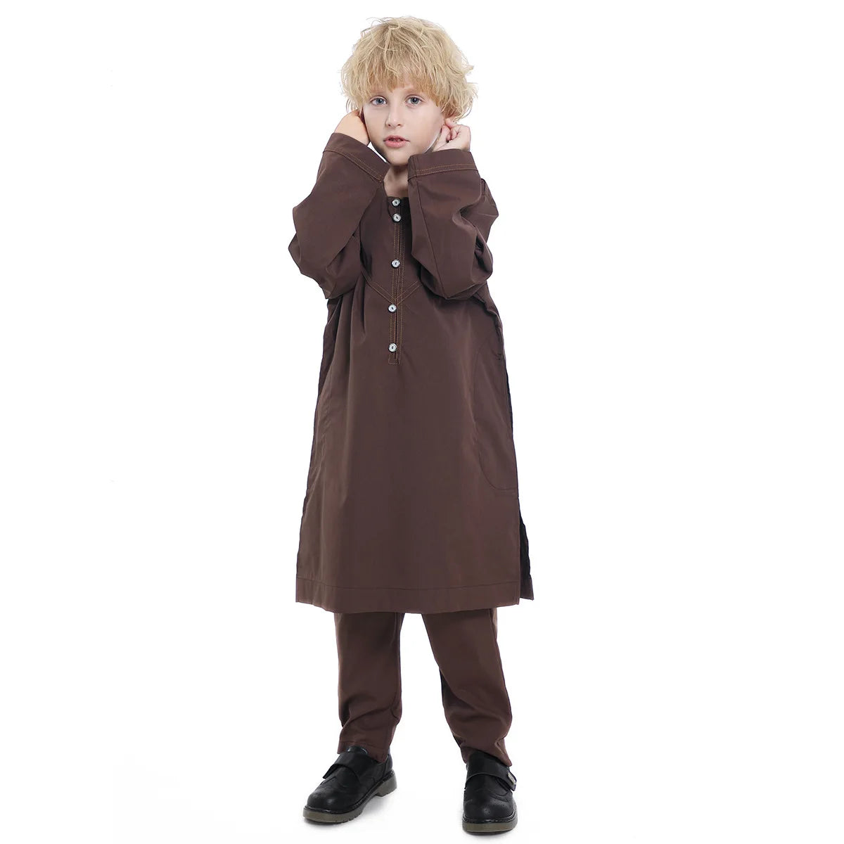 2025 Muslim Kids Jubba Thobe Arab Boy Thobe Children Abaya Ramadan Dress Pant Set 2 Piece Caftan Robe Kaftan Musulman Ensembles