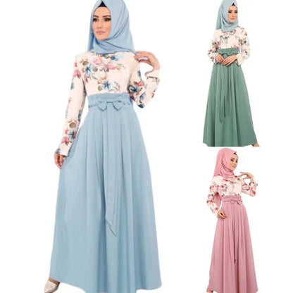 Fashion female abaya Turkish Islamic ruffle pleated hijab dress floral print women robe musulmane kaftan hijab Muslim long dress