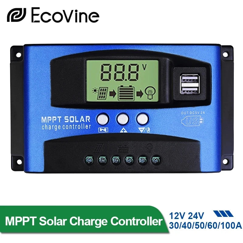 MPPT Solar Charge Controller 12V 24V Solar Panel Battery Charger 30A 40A 50A 60A 100A Dual USB LCD Display  Regulator with Load