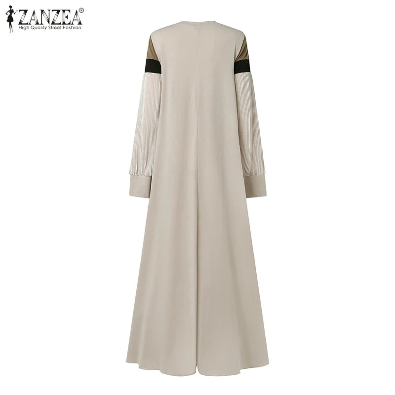 2024 ZANZEA Muslim Abaya Robe Femme Women Patchwork Maxi Dresses Fashion Autumn Long Sleeve Pleated Sundress Casual Vestidos