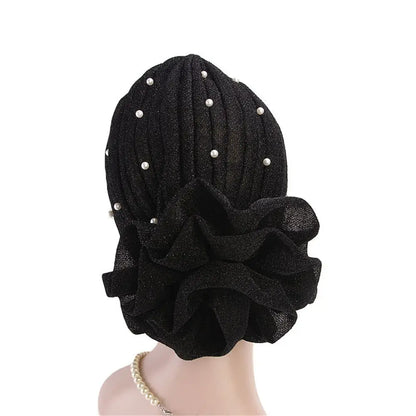 Women Cancer Chemo Cap Big Flower Shiny Silk Muslim Hat Hair Loss Head Scarf Pearls Elastic Turban Head Wrap Cover