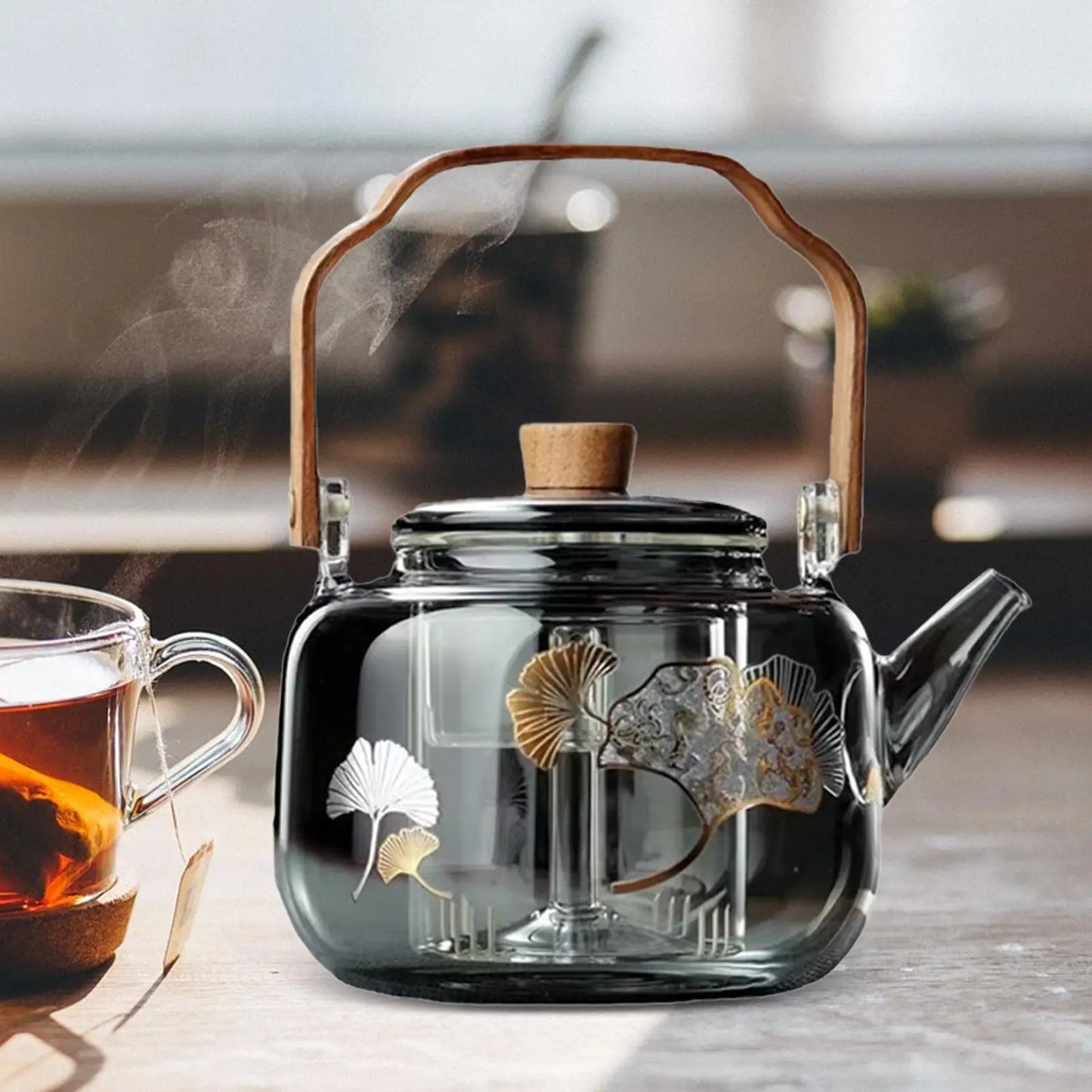 Glass Teapot Safe Clear 1000ml Kung Fu Tea Hand Blowing Tea Kettle with Tea Strainer for Home Camping Valentines Day Gifts BBQ