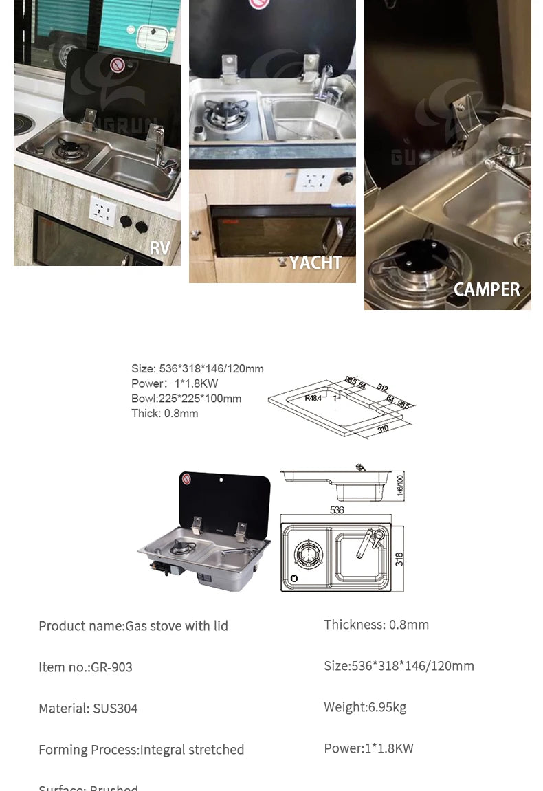 High quality one burner gas hob and sink combination unit for RV motorhome caravan campervan boat kitchen 536x318*146mm