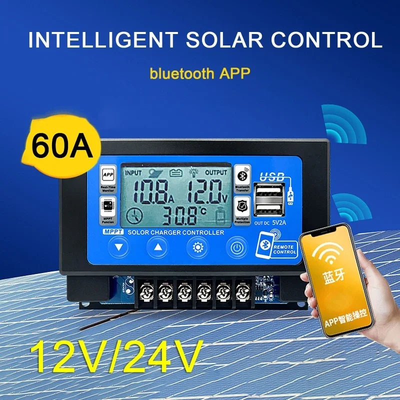 12V/24V 30A60A LCD Large Digital Display Bluetooth Wifi Solar Charge Controller Embedded Snap-on Energy Storage MPPT Controller