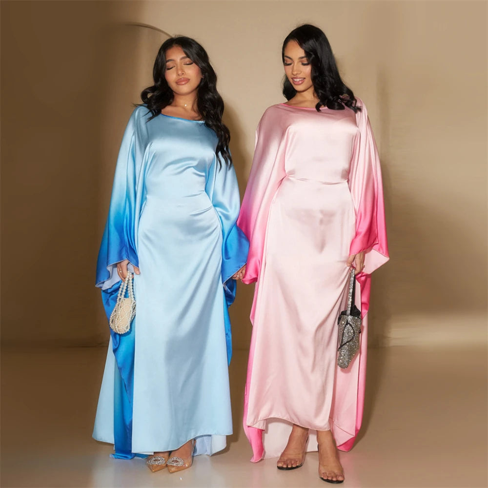 Gradient Batwing Butterfly Sleeve Satin Abaya Dubai Luxury Muslim Kaftan Dress For Women Kebaya Caftan Marocain Femme Vestidos