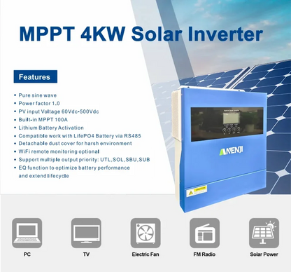 4KW Solar Inverter Hybrid Off Grid 230V MPPT 100A PV 500VDC Pure Sine Wave Solar Controller With WIFI Support BMS