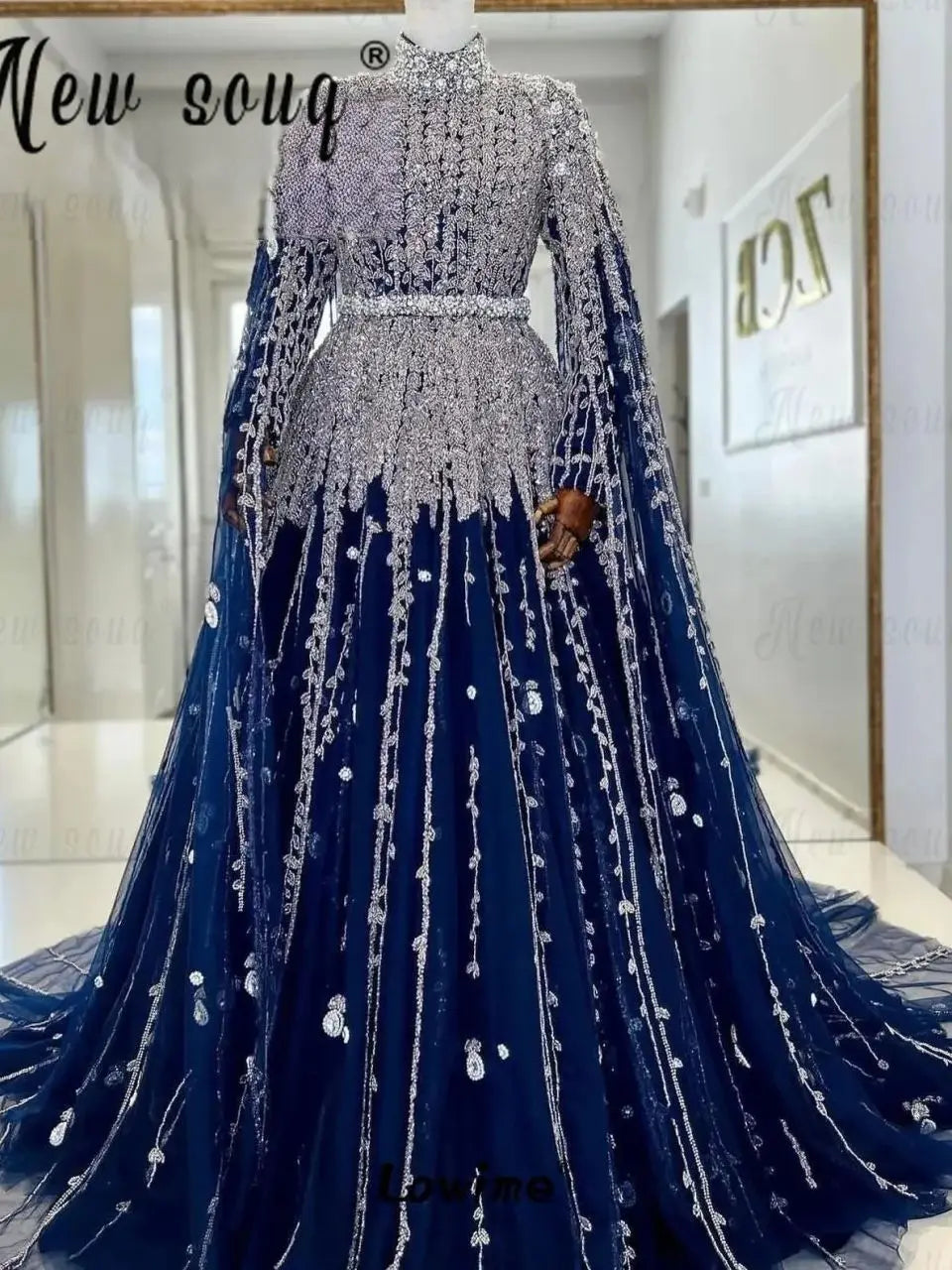 Abendkleider Navy Blue Dubai Bridal Gown With Cape Sleeves Tulle Beads Sequin Muslim Saudi Arabic Women Wedding Dress Customized