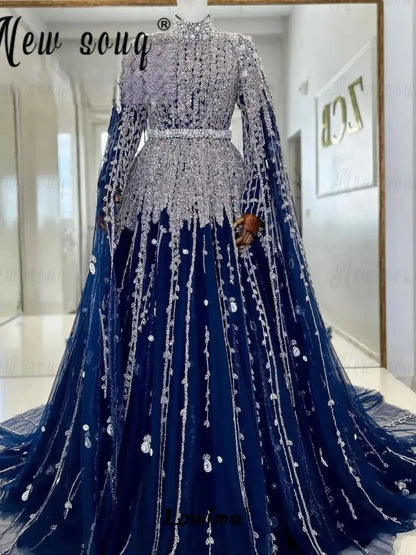 Abendkleider Navy Blue Dubai Bridal Gown With Cape Sleeves Tulle Beads Sequin Muslim Saudi Arabic Women Wedding Dress Customized