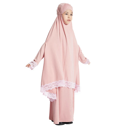 2 Piece Set Prayer Garment Lace Dress Muslim Kids Girls Abaya Gowns Overhead Hijab Long Khimar Ramadan Skirt Arab Clothes Niqab