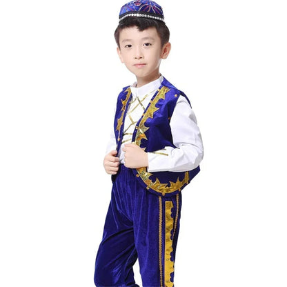 Traditional Muslim Clothing for Islamic Boy Arabic Jubba Thobe Arab Performance Saudi Arabia Dance Wear Top Pant Hat Set