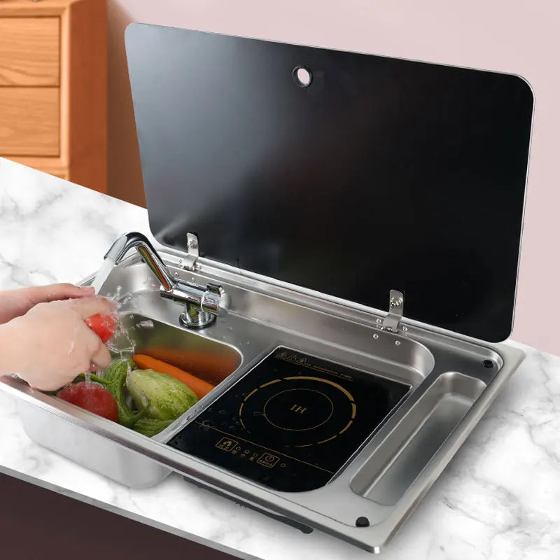 RV Stainless Steel Stove Sink And Induction Cooker Combination Unit With Tempered Glass Lid For Caravan Motorhome Yacht