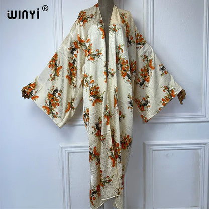 WINYI 2024 High-quality Double-sided Print Silk feel Dress Beach Wear Boho Cardigan abaya women muslim dress Long Sleeve Kimono