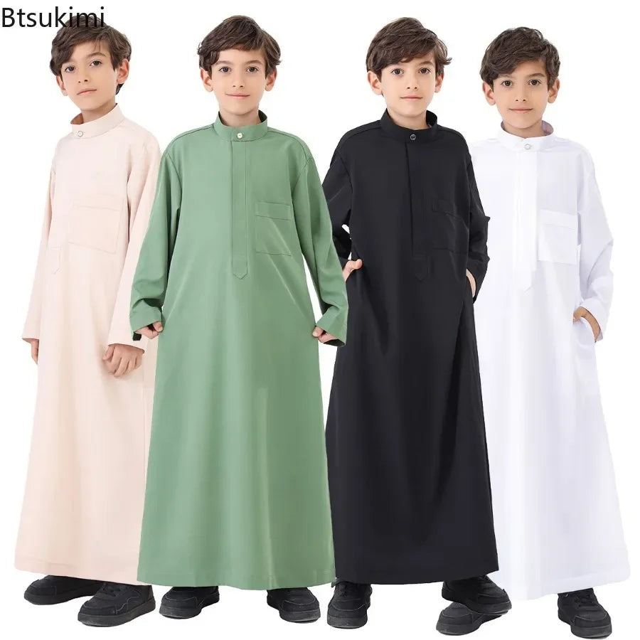 2025 Muslim Kids Jubba Thobe Solid Long Sleeve Robe Arab Islamic Clothing Middle East Teen Abaya Ramadan Kaftan Boys Robe Dress