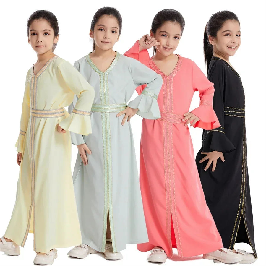 Ramadan Kaftan Abaya for Kids Girls Turkey Muslim Long Dress Islam Saudi Arabia Clothing Eid Robe Gowns Children Kimono Caftan