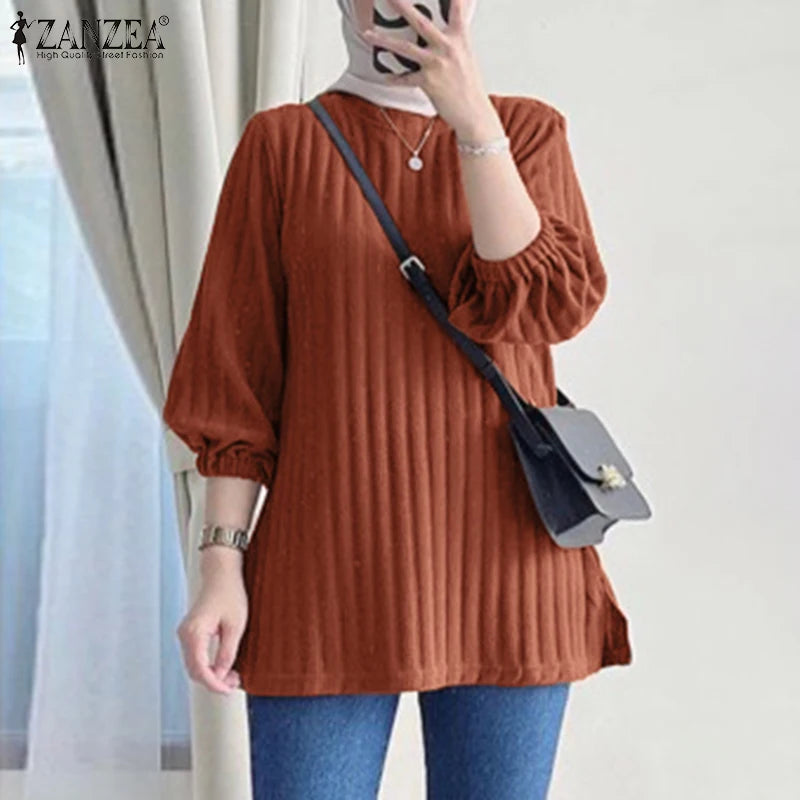 ZANZEA Women Muslim Hijab 3/4 Sleeve Ribbed Blouses Fall 2024 Tops Elegant Daily Shirt Casual Loose T-shirts Islamic Clothing