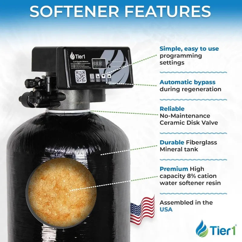 Tier1 Whole House Water Softener System 48,000 Grain High Efficiency With Sediment Pre-filter | Pre-filled mineral tank