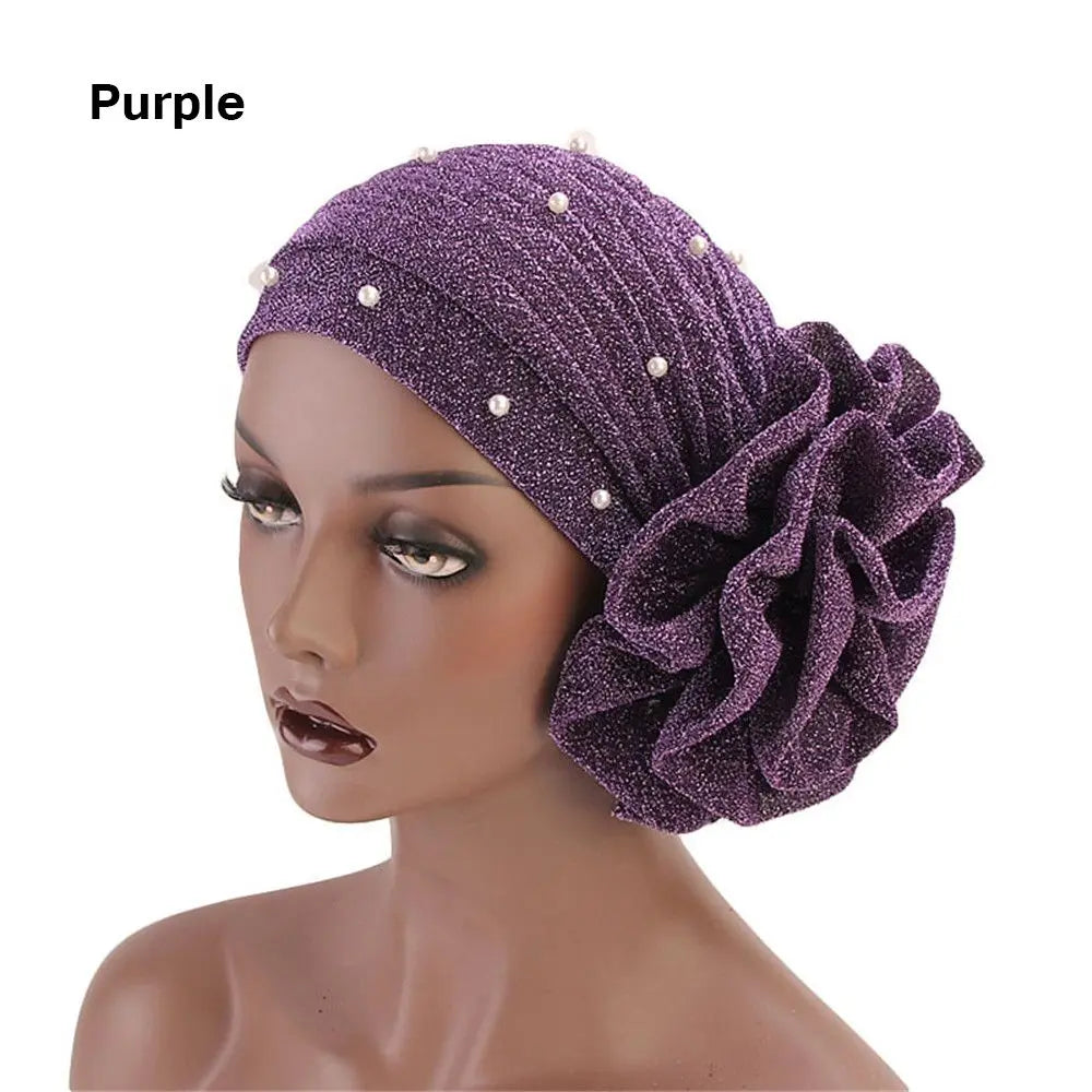 Women Cancer Chemo Cap Big Flower Shiny Silk Muslim Hat Hair Loss Head Scarf Pearls Elastic Turban Head Wrap Cover