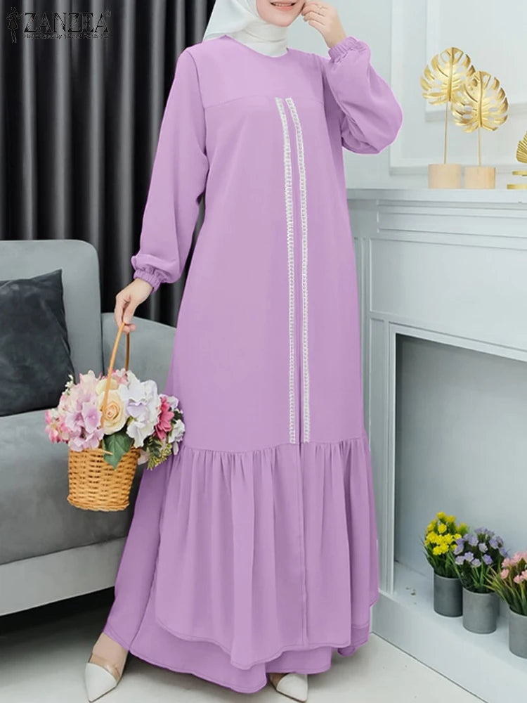 ZANZEA Ruffled Hem Lace Panels Abaya Robes Autumn Muslim Women O Neck Maxi Dress Islamic Hijab Loose Casual Long Sleeve Vestidos