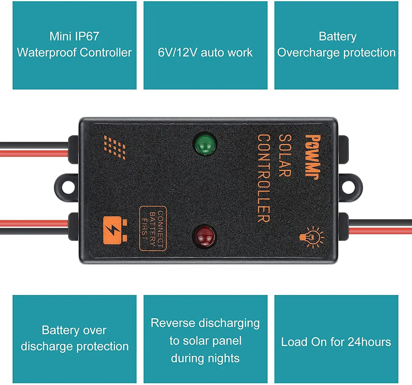 PowMr Mini Size 5A 10A 12V  IP67 Waterproof Solar Charge Controller Working for 24 hours Solar Regulator for Small Power System