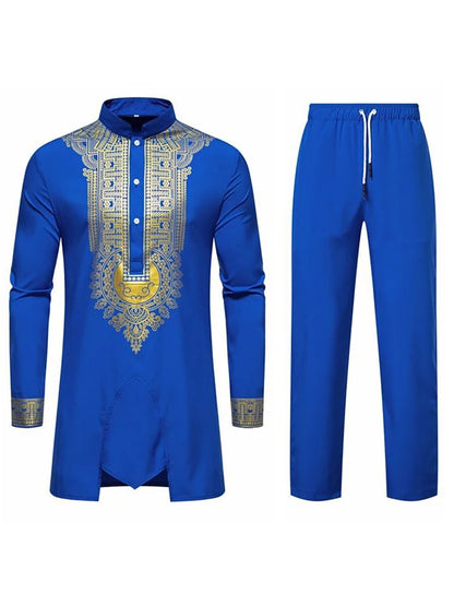 Muslim Robe Navy Blue Long-Sleeved Trousers The Traditional Dress of Arab Men 3D Pattern Printing Black White Yellow