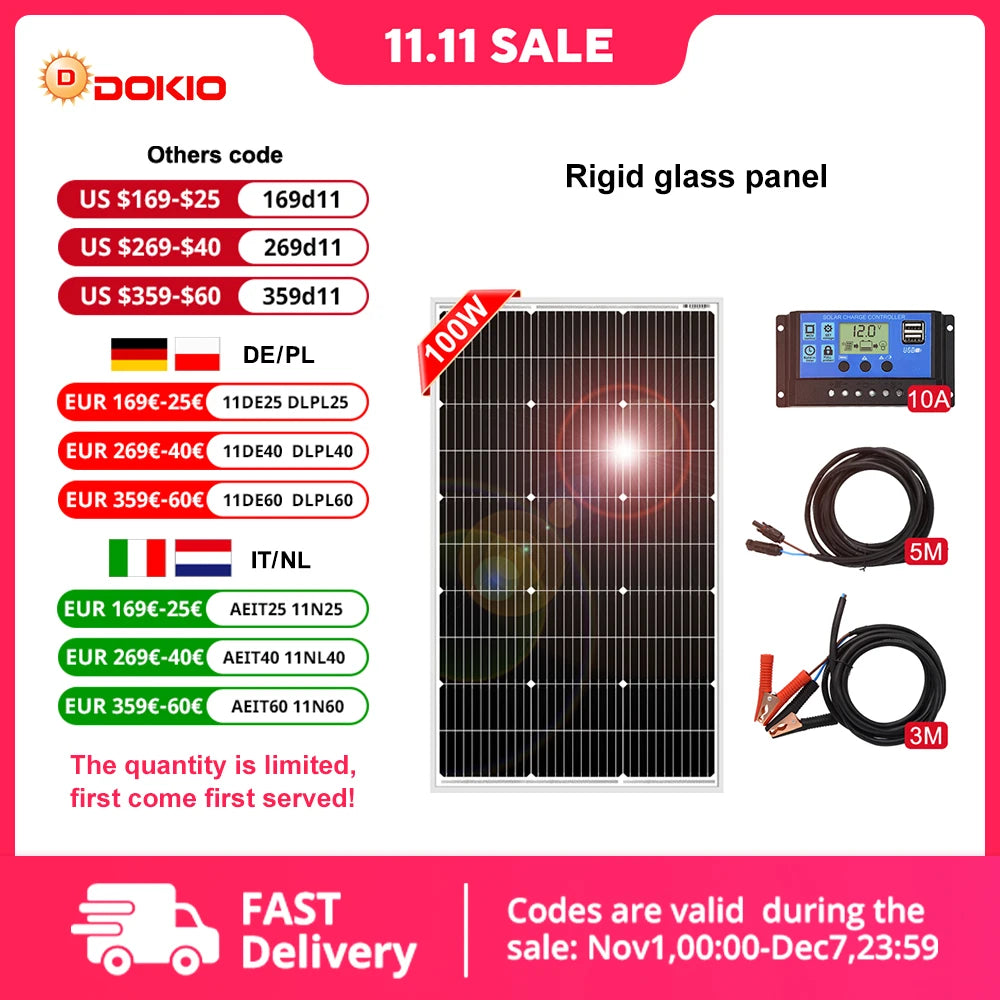 Dokio 18V 100W 200W 400W Rigid Waterproof Solar Panel Set Controller For Home Charge 12V Car Battery Monocrystalline China