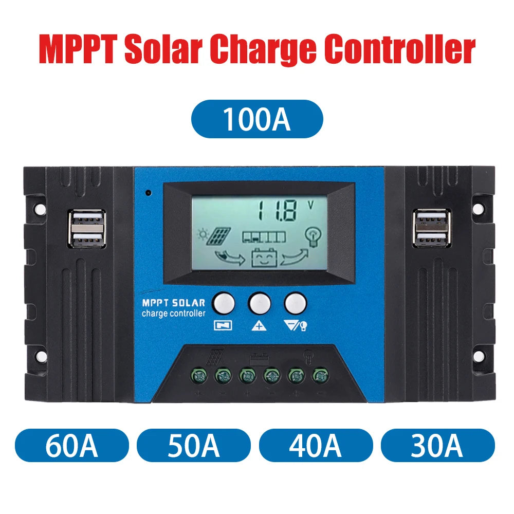 100A/80A/60A/30A/10A PWN Auto Solar Charge Controller Dual USB LCD Display Output 5V Auto Solar Panel Battery Charge Regulator