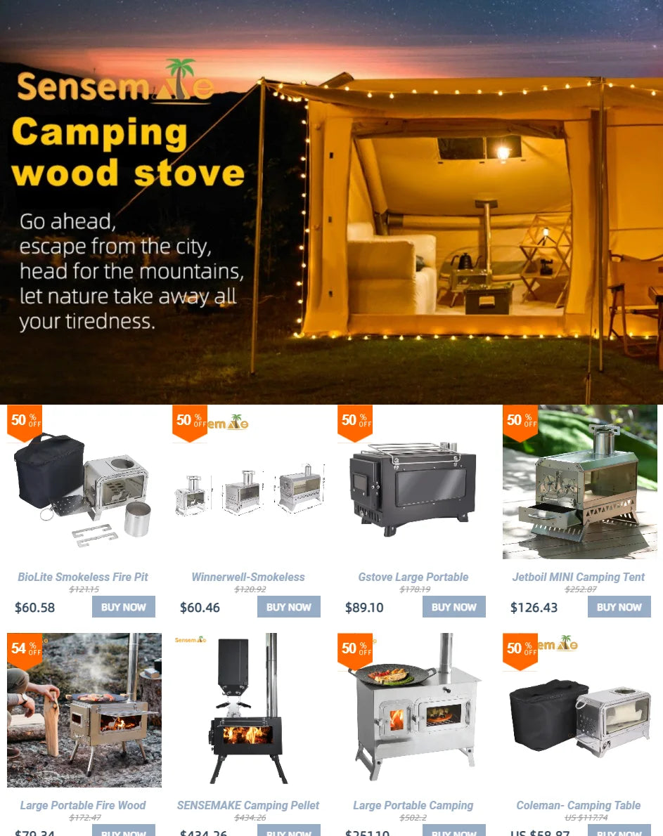 Large Portable Fire Wood Stove with Window Pipe, Tent Heater, Cot Camping, Ice-fishing Cooking, Outdoor BBQ