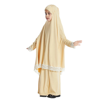 2 Piece Set Prayer Garment Lace Dress Muslim Kids Girls Abaya Gowns Overhead Hijab Long Khimar Ramadan Skirt Arab Clothes Niqab